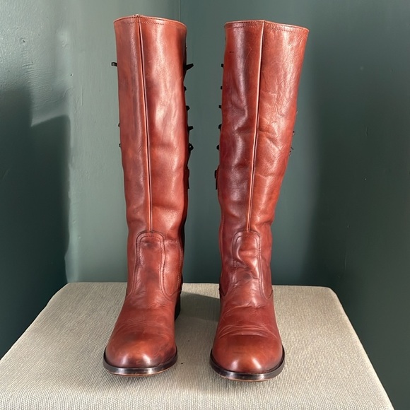 Brown distressed Leather Knee-High Boots lace up back Steve Madden - Picture 2 of 8